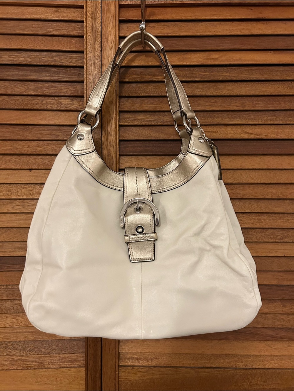 Coach Cream Leather Shoulder Bag with Metallic Gold Trim